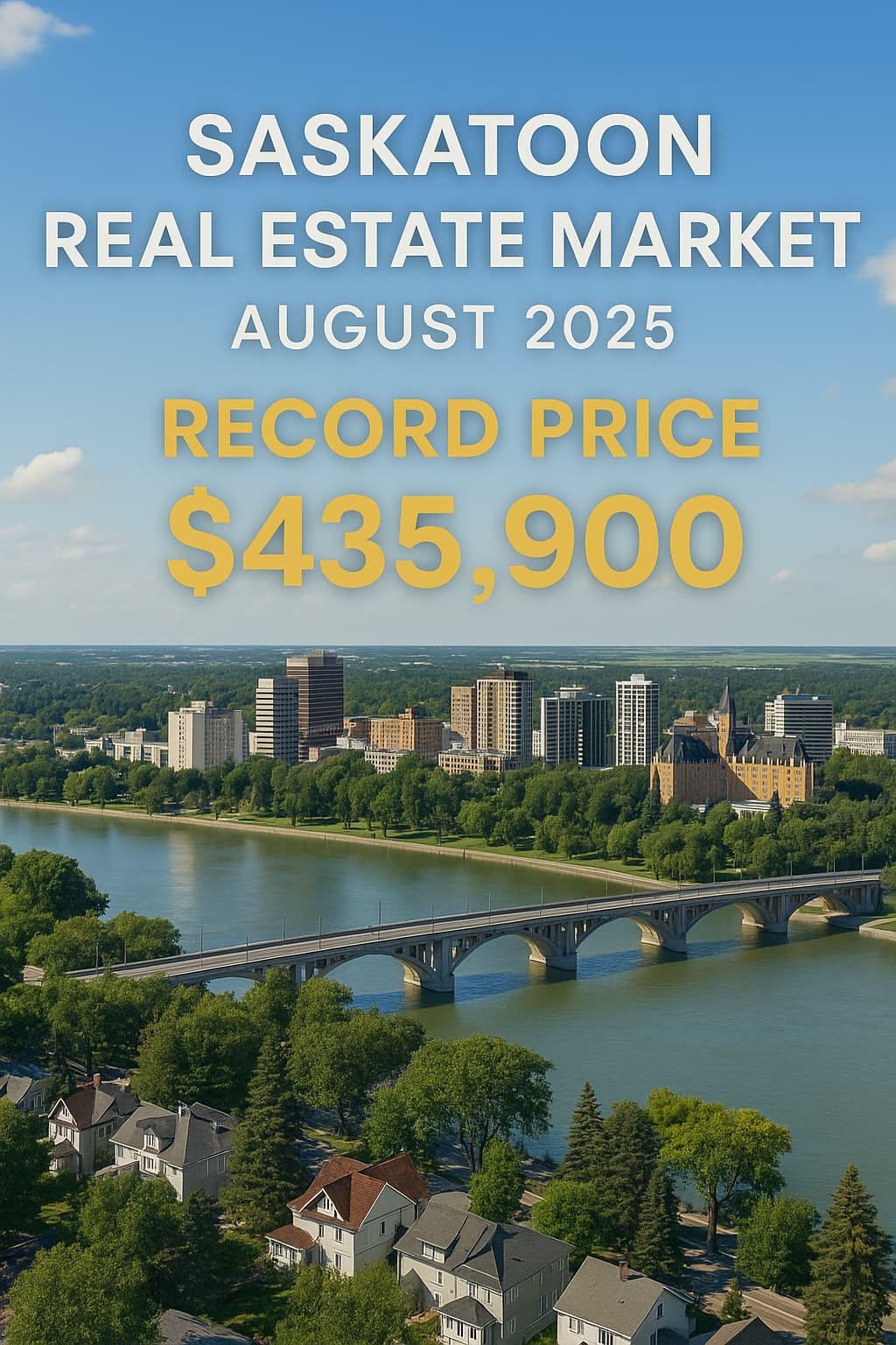 Aerial view of Saskatoon skyline in summer 2025, showing homes and riverfront with clear skies.